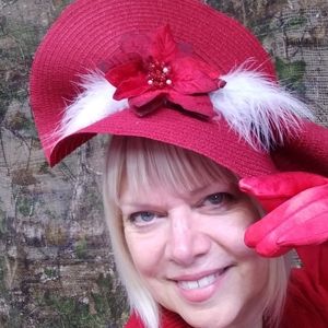 Mrs Claus hat Red woven poinsetta Kentucky Derby hat with white feathers